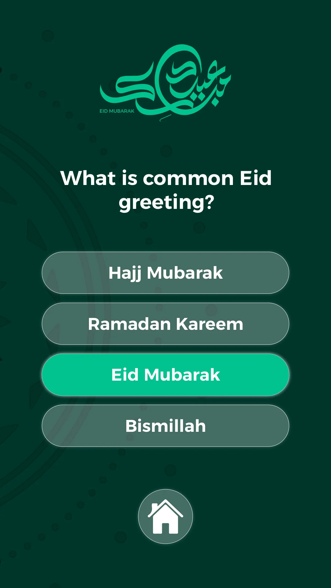 Portrait Eid quiz artboard with four answer options and a highlighted answer.