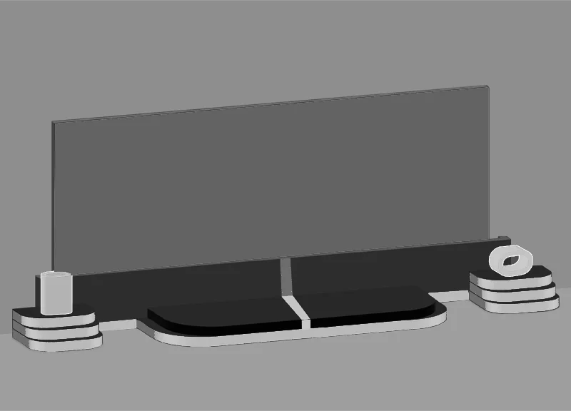 A grayscale stage concept with a wide backdrop and layered side plinths.