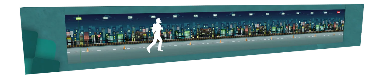Wide teal display mockup showing a white runner on a city course with distance markers and traffic cones.