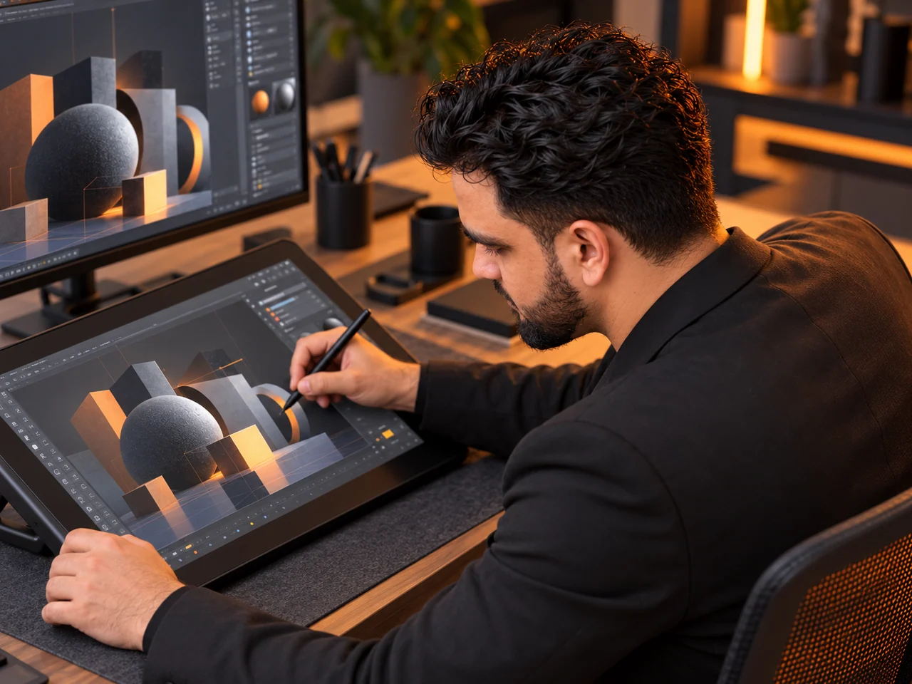 An elevated view of Sikandar looking down and using a stylus on a pen display.