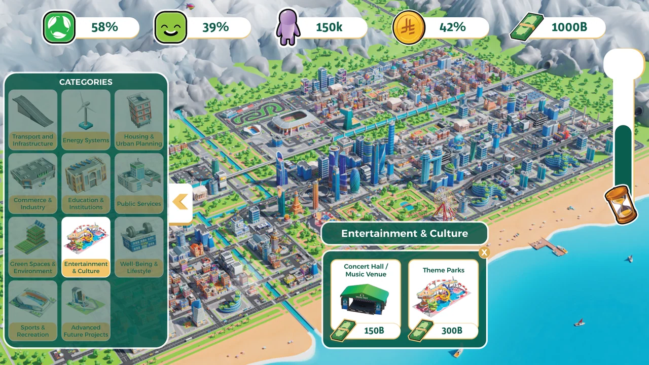 Entertainment and culture in a city-building interface, with an illustrated isometric city and colored metric indicators.