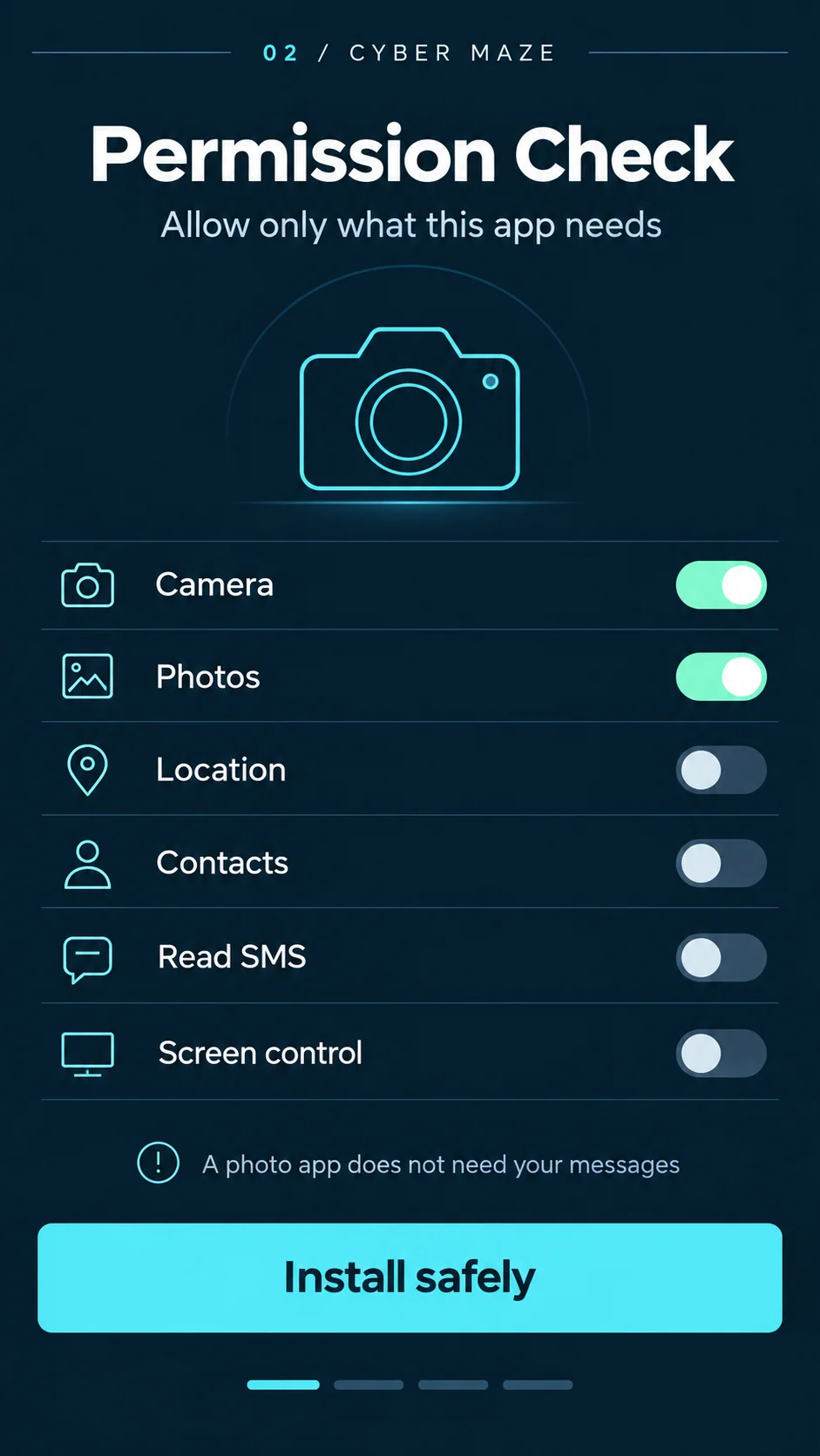 A cyan permission-check interface with individual switches for camera, photos, location and contacts.
