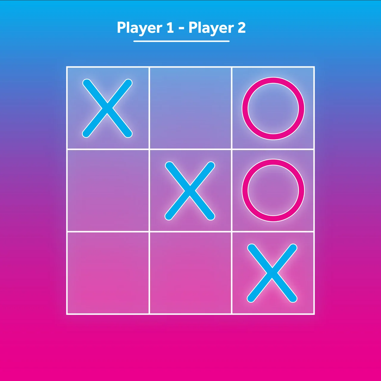 Portrait tic-tac-toe layout with cyan crosses, magenta circles and a blue-to-pink gradient.
