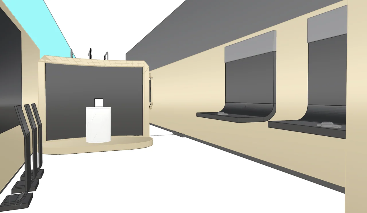 Technical viewport view of display walls, a central pedestal and slender kiosk stands in a pale architectural space.