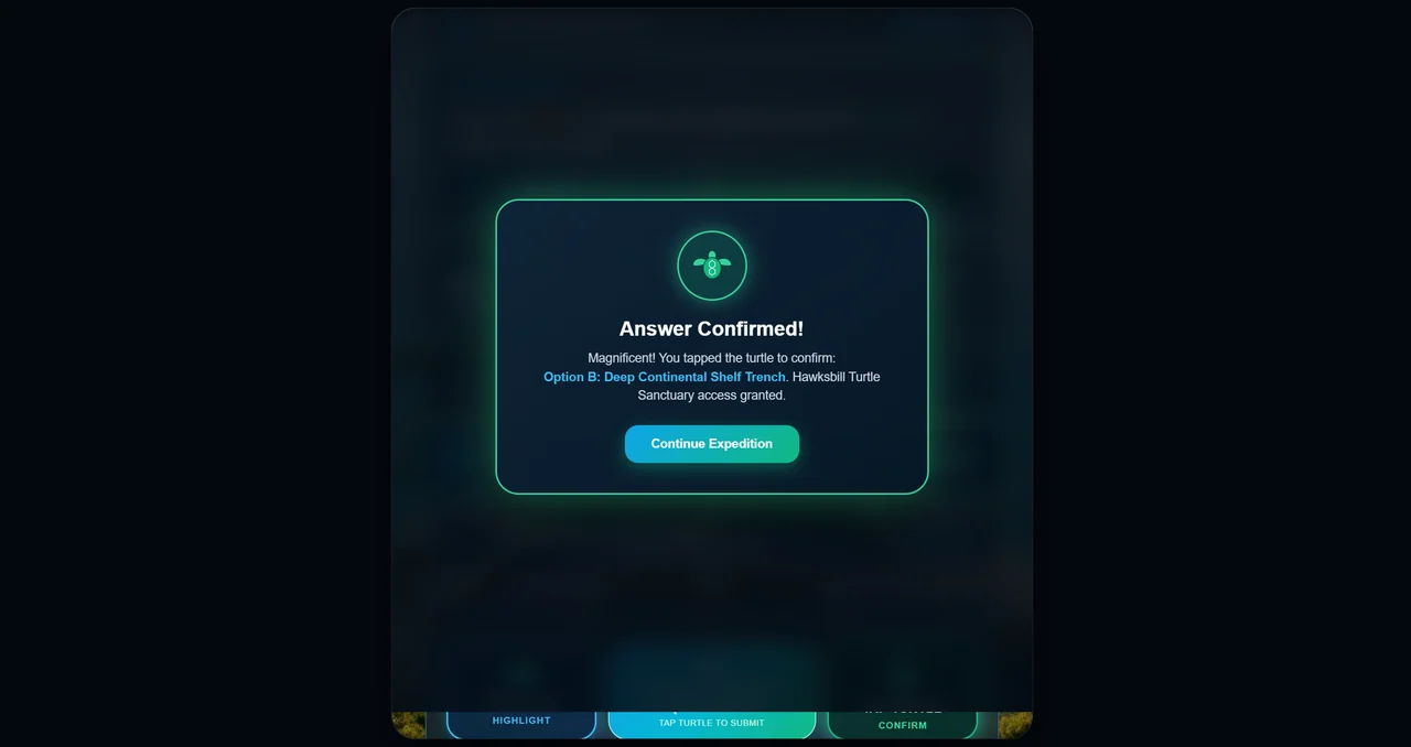 A confirmation dialog with a turtle icon and a Continue Expedition button.