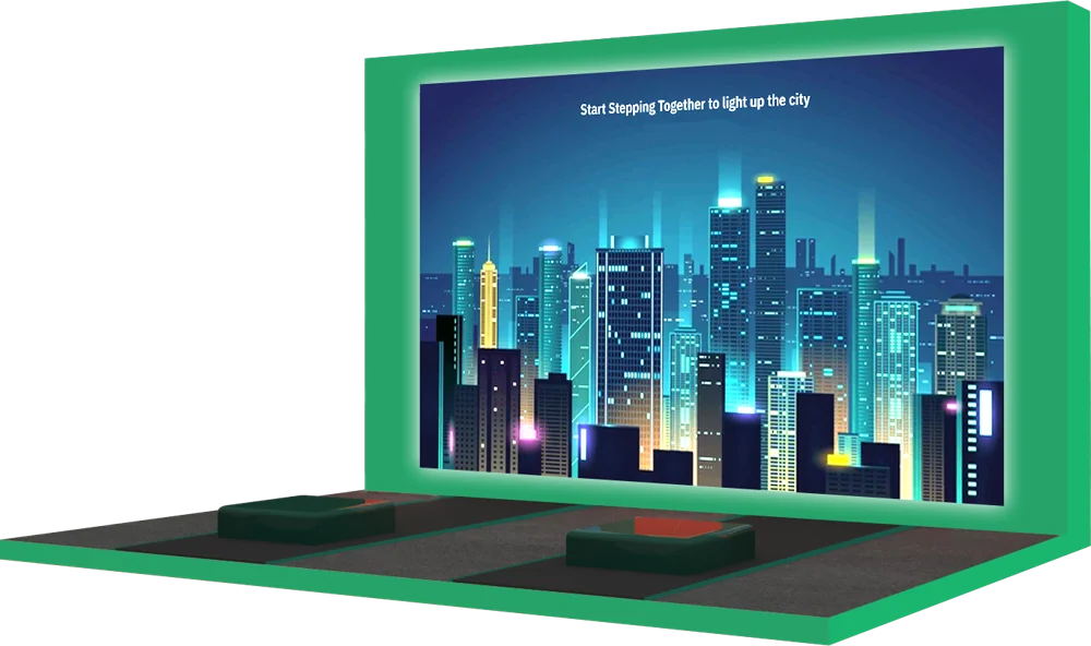 Two floor pads face a green-framed screen showing an illuminated city.