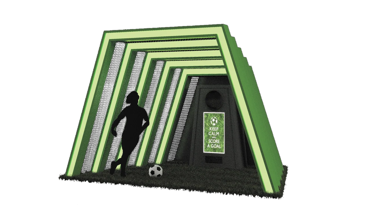Football activity concept with nested green frames, mesh, a turf base, player silhouette and a rear display or target unit.