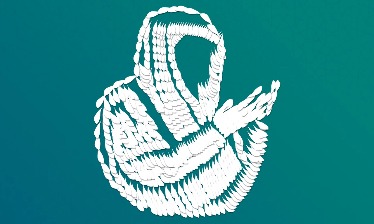 White teardrop-like shapes forming a praying figure against a teal geometric-pattern background.