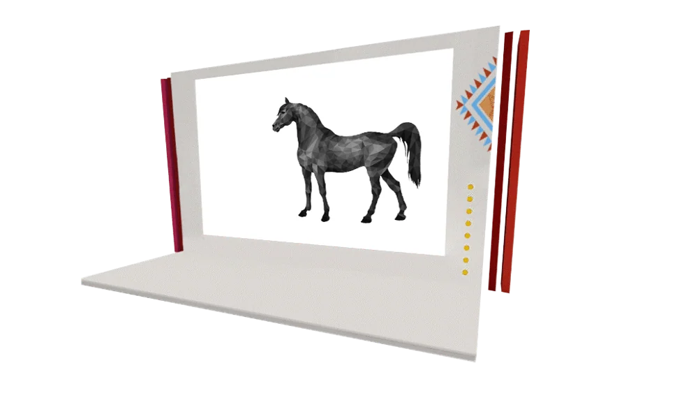 Rendered white display stand with a polygonal horse and decorative side rails.