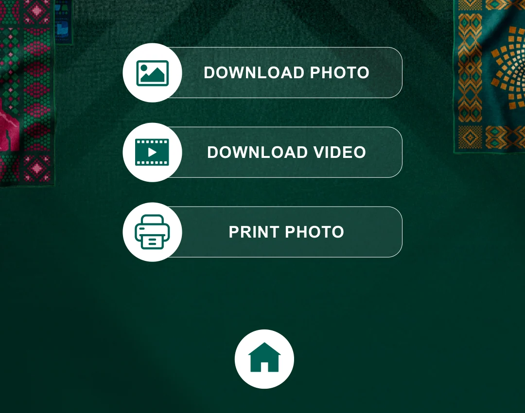 Native control detail showing Download Photo, Download Video, Print Photo and Home actions on a patterned green background.