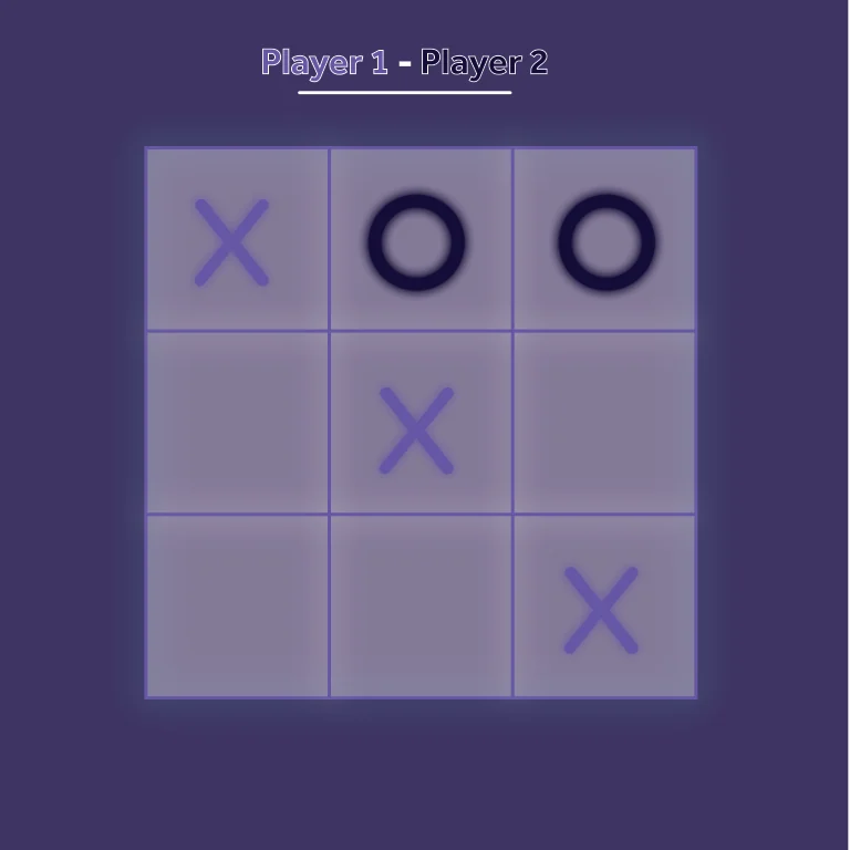 Purple two-player tic-tac-toe game screen with a large square grid and an example arrangement of X and O marks.