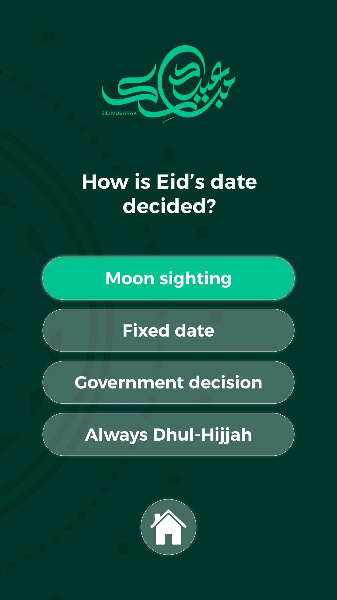 Portrait Eid quiz artboard with four answer options and a highlighted answer.
