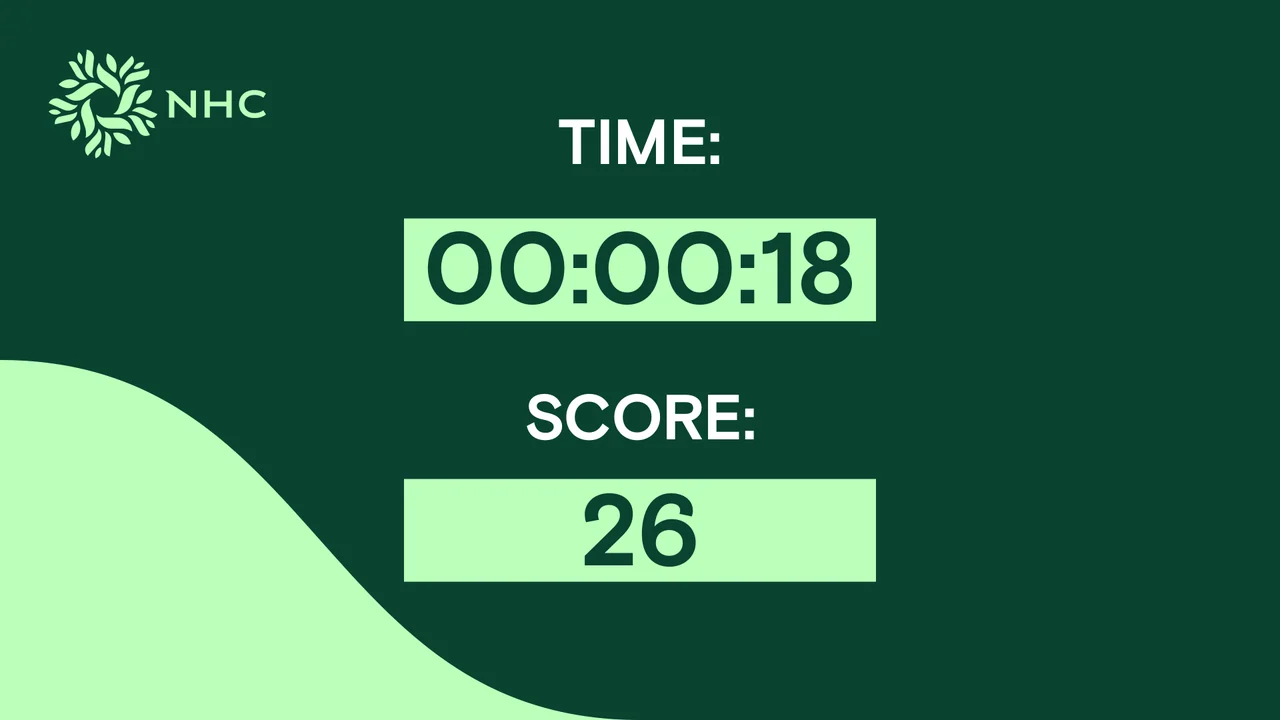 Reaction-game timer and score artwork in green, showing eighteen seconds and a score of twenty-six.
