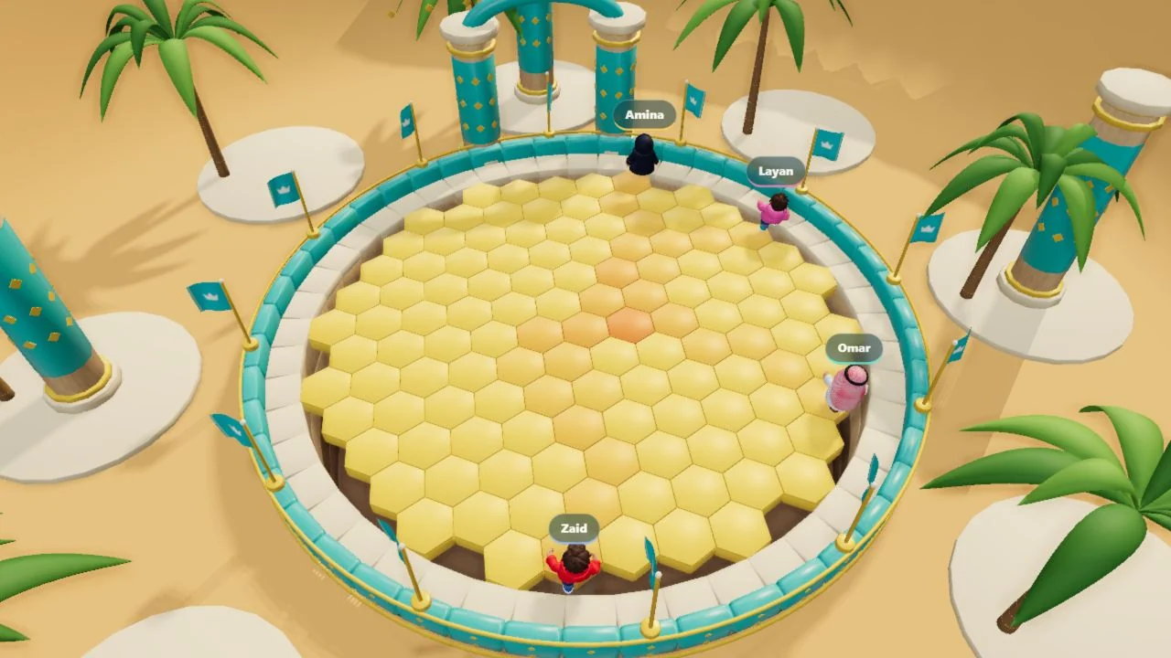 An overhead view reveals a circular field of hexagonal tiles, with four named characters spaced around its edge.