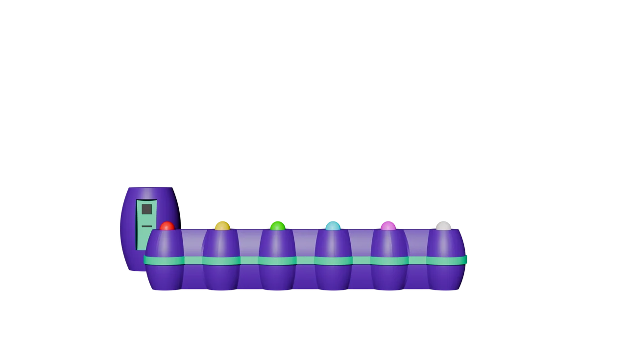 Six colorful domes on a connected row of purple stations, with a taller mint-and-purple housing at the left.