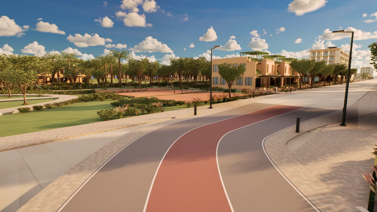 A complete saved course view showing the curved running lane, planted park and adjacent residential buildings.