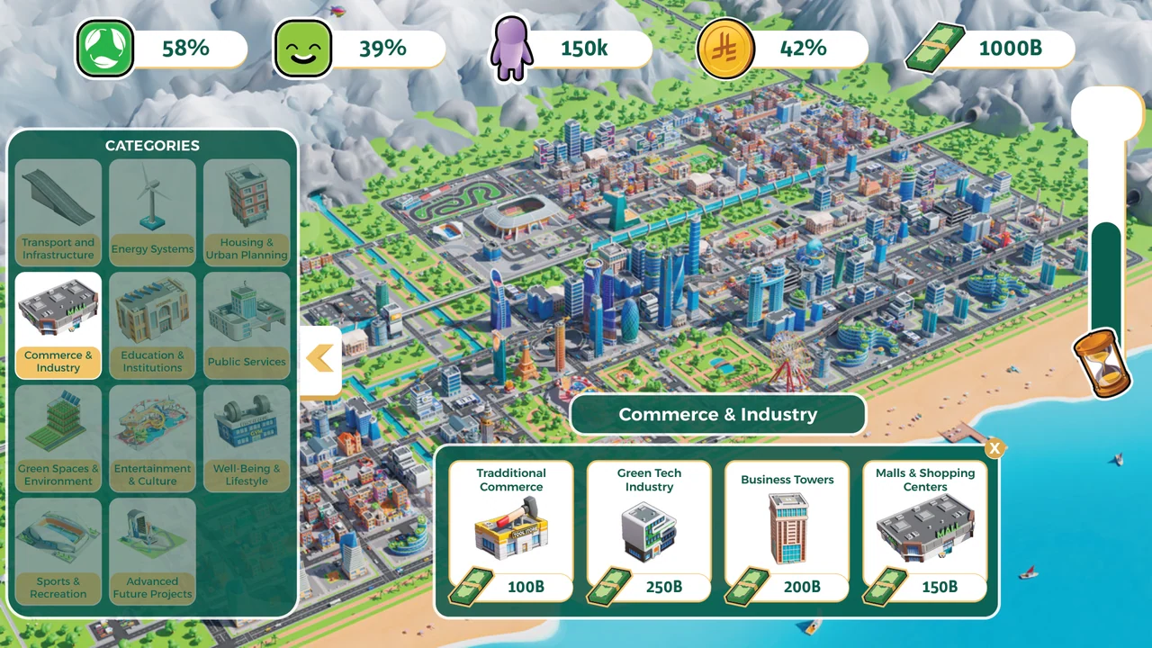 Commerce and industry in a city-building interface, with an illustrated isometric city and colored metric indicators.