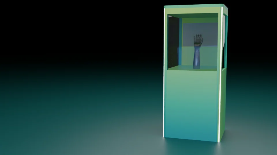 A glass-fronted green display enclosure containing a robotic hand and forearm, framed by vertical light strips.