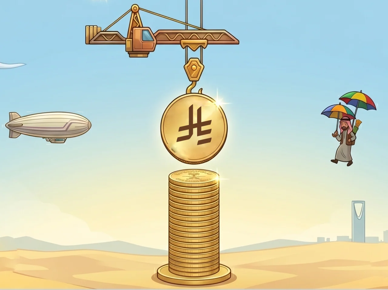 Illustrated crane lifting a gold coin above a coin tower, with a desert skyline and floating cartoon elements.