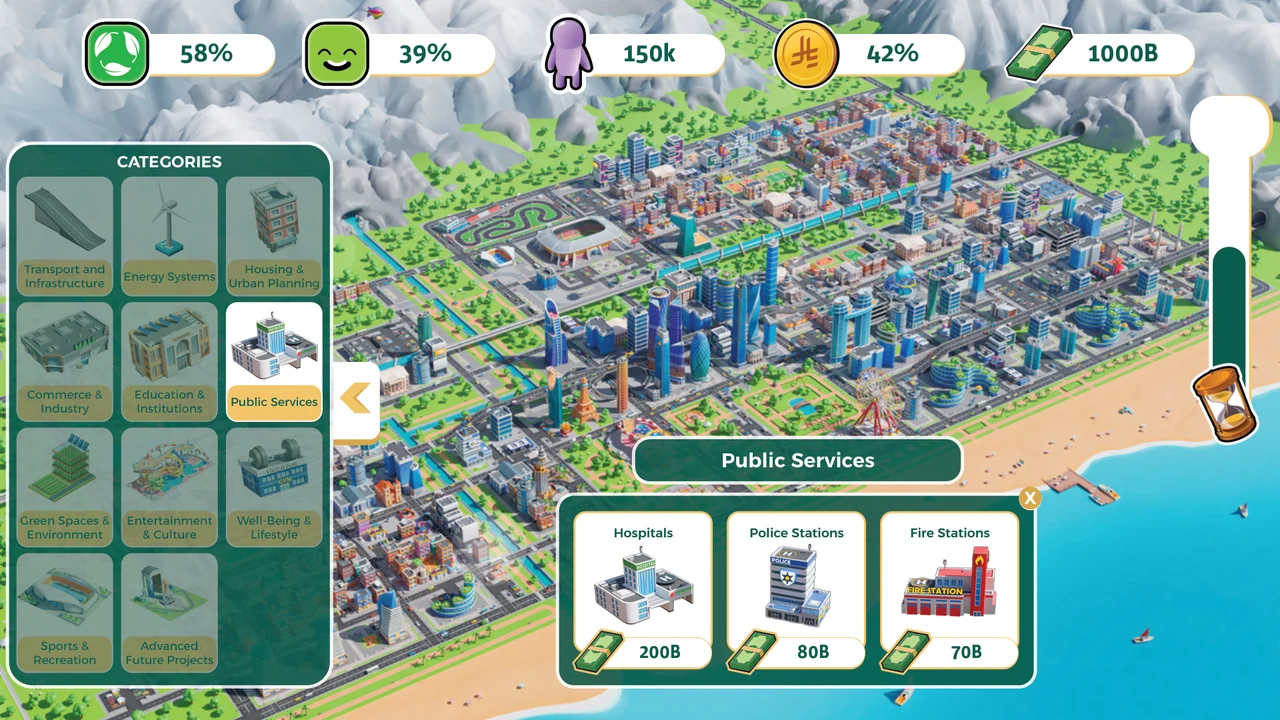 Public services in a city-building interface, with an illustrated isometric city and colored metric indicators.