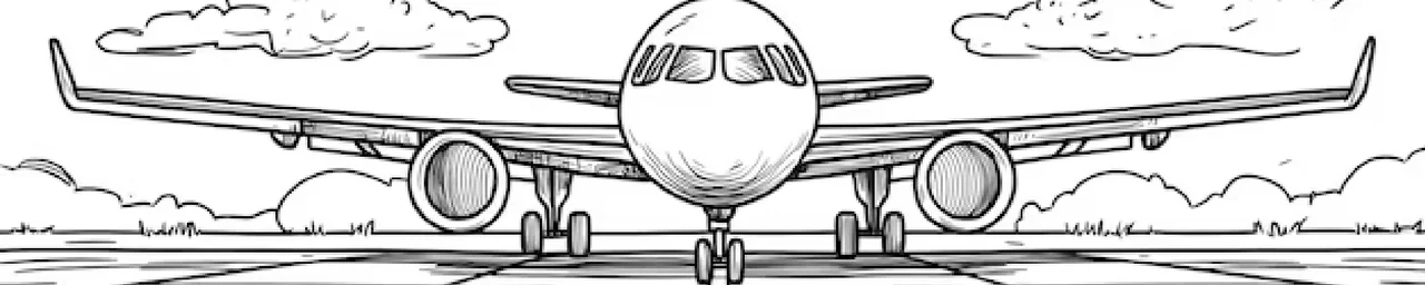 Panoramic monochrome wall artwork of an airplane viewed from the front, with clouds and runway linework.
