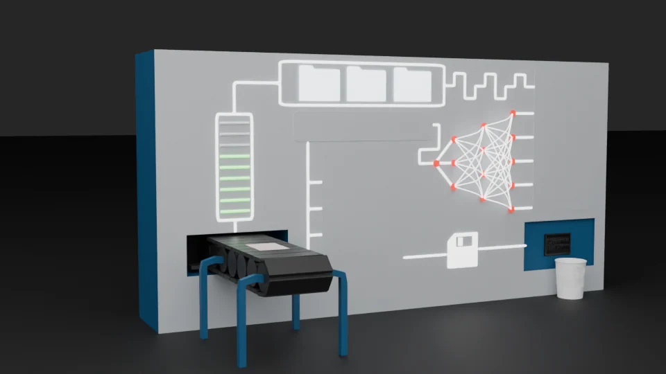 An exhibition wall with folder, server and network motifs, a conveyor-like physical structure and a smaller keyboard station.