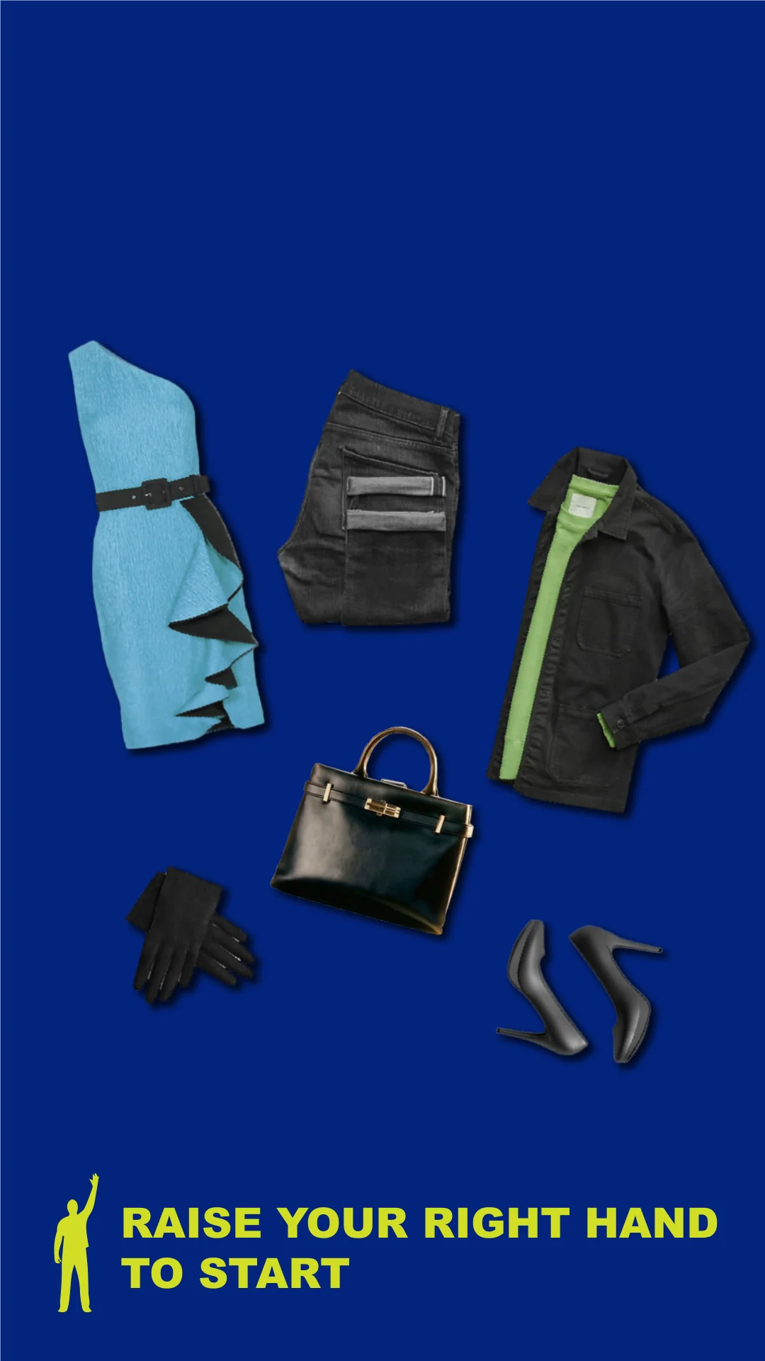 Blue portrait game-start artwork with clothing and accessories, a yellow raised-hand symbol and a raise-your-right-hand instruction.