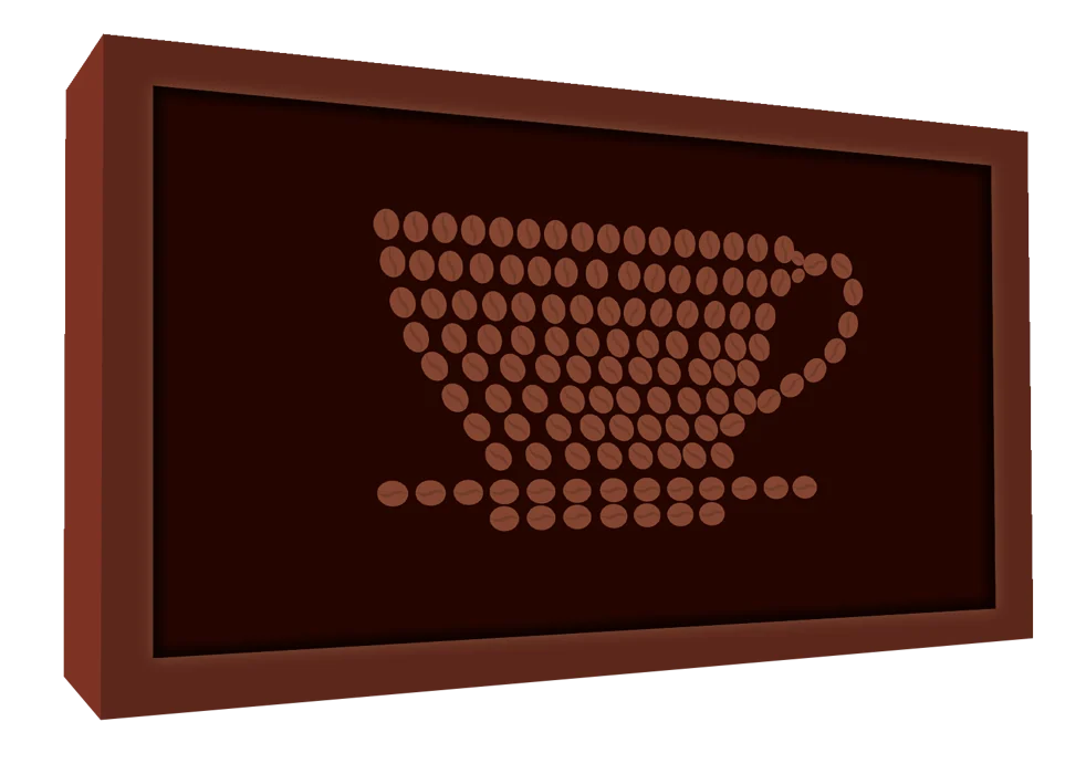 Brown framed display featuring a coffee cup assembled from coffee-bean shapes.