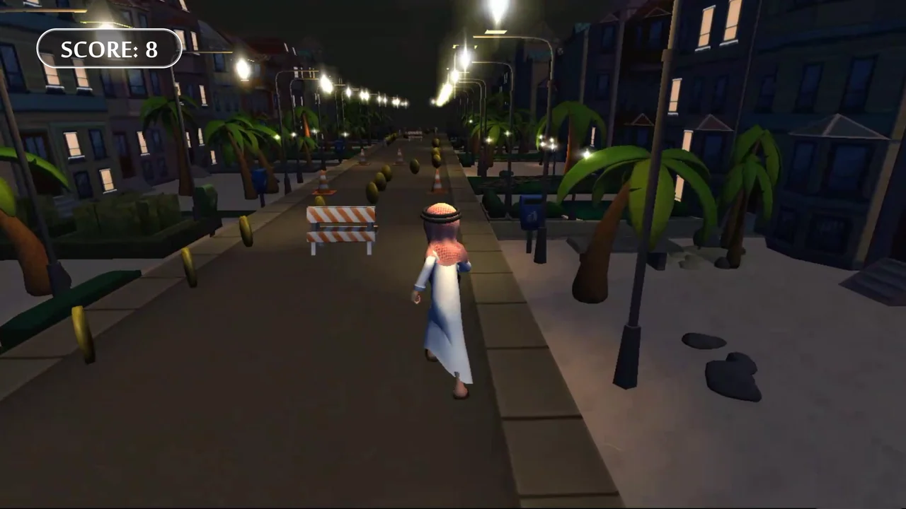 Behind-the-runner street view with coins, cones, a striped barrier and a compact score panel.
