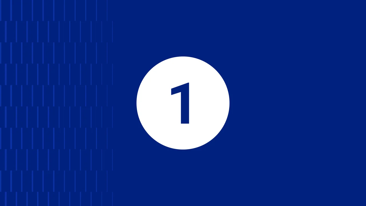 A white countdown circle containing the number one on a blue patterned background.