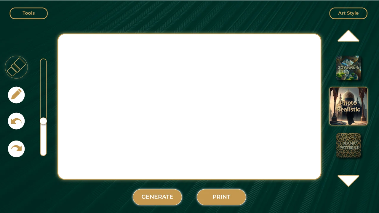 Empty drawing canvas with tools on the left, style choices on the right, and Generate and Print actions.