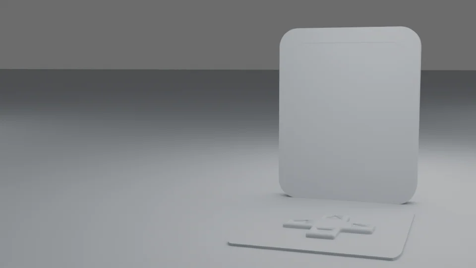 A neutral technical view of a rounded upright display and a separate floor pad with raised directional controls.