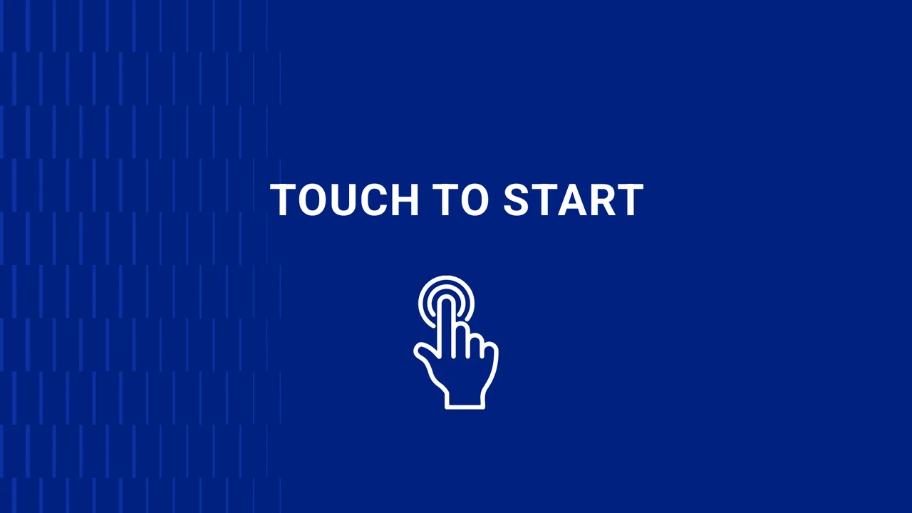 Blue start screen with a white touch gesture icon and the words Touch to start.