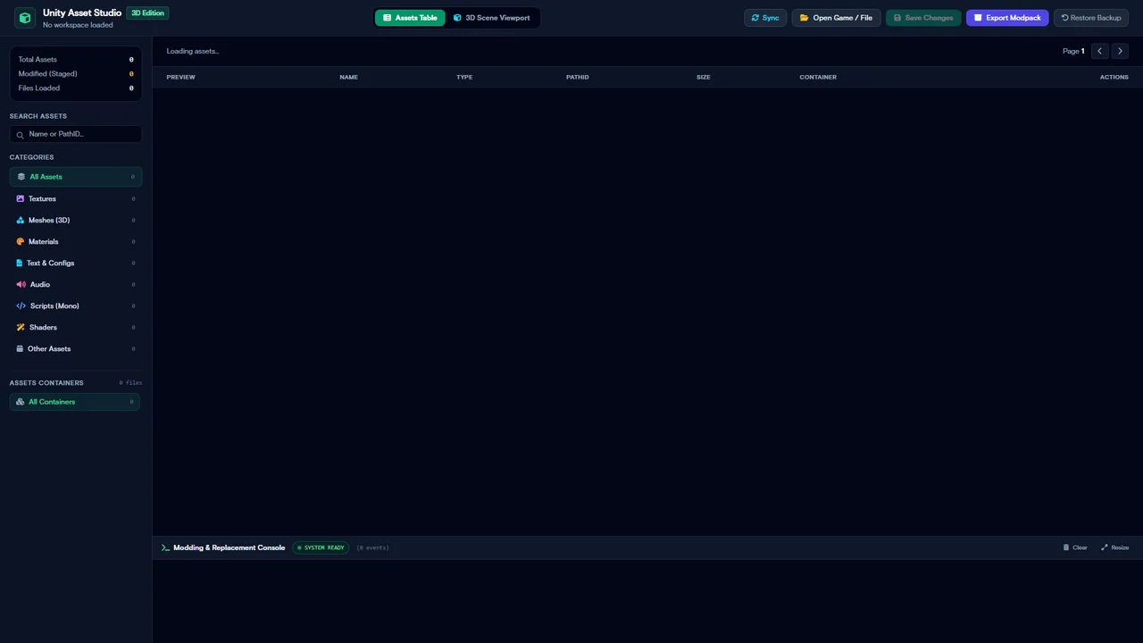 Asset replacement tool in its empty workspace state, with asset search, type filters, an empty asset table and console.