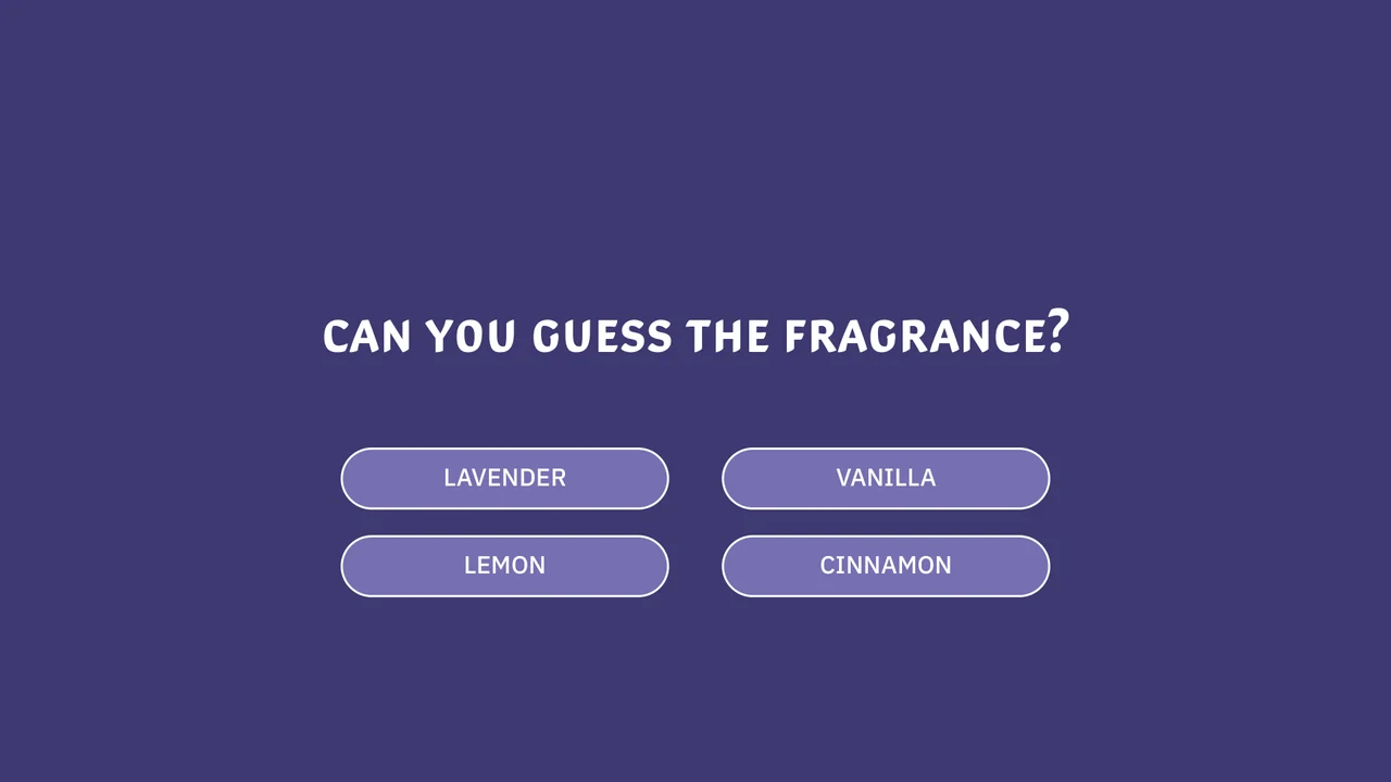Purple scent quiz with a question and four answer buttons labeled Lavender, Vanilla, Lemon and Cinnamon.
