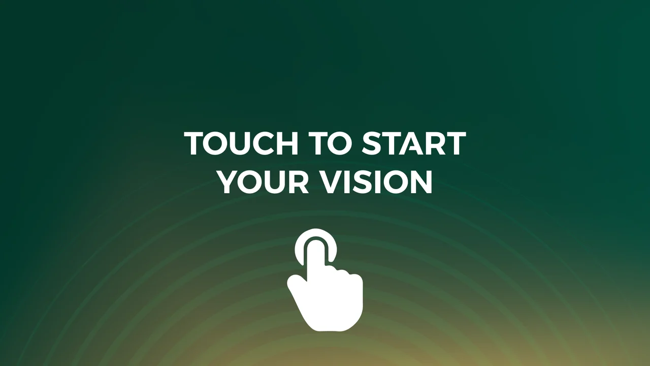 City-game entry screen with a touch-to-start invitation, hand icon and concentric green and gold arcs.
