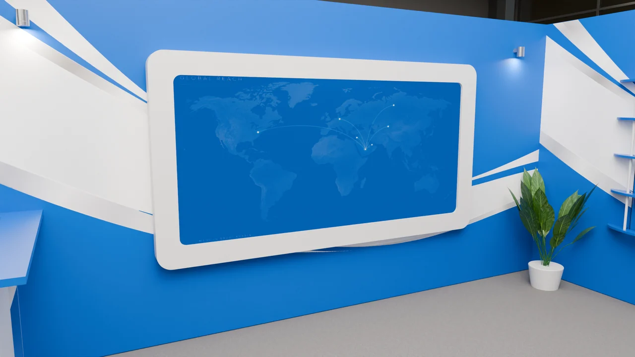 A close view of the rounded screen surround shows the contrast between the white frame and blue wall finish.