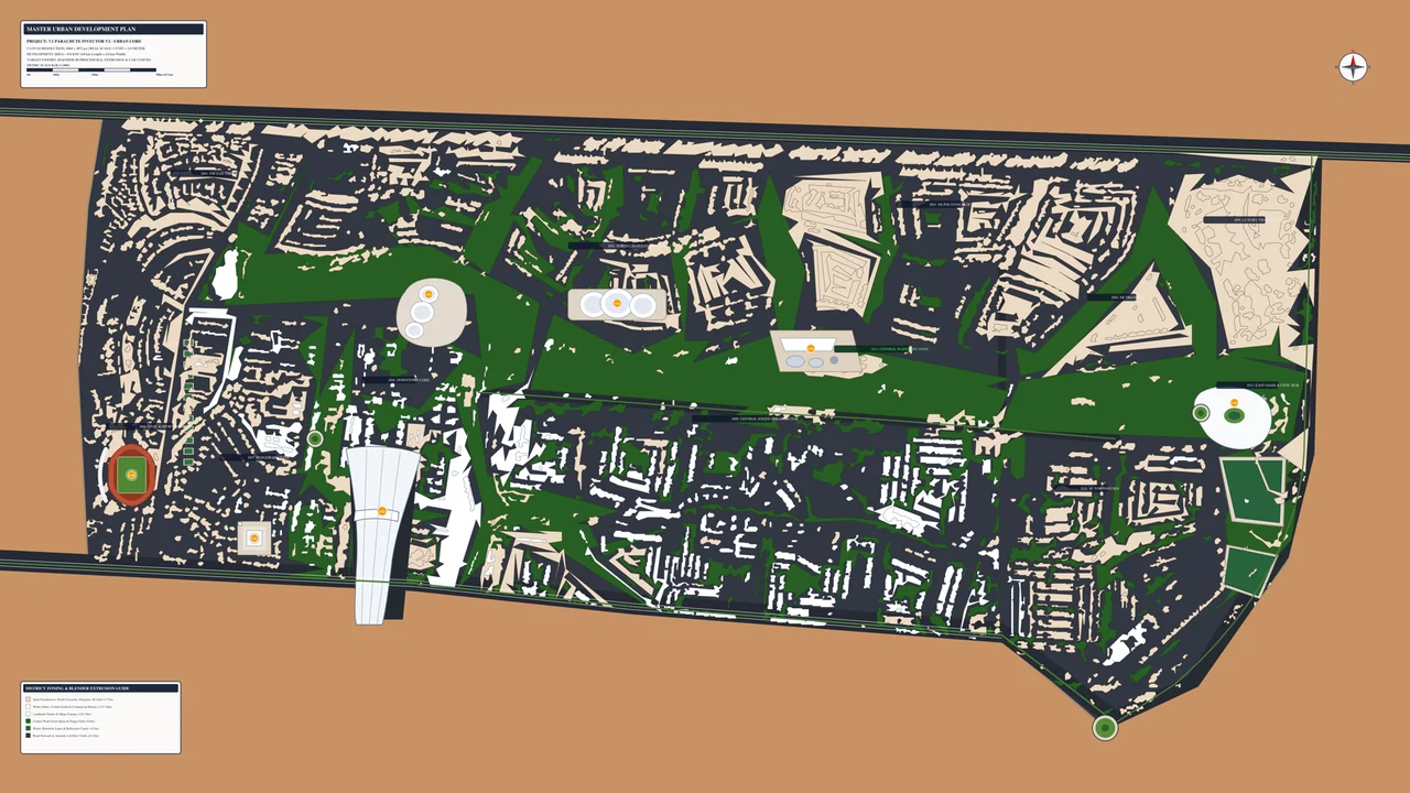 Annotated top-down game-city plan with dense pale building footprints, dark roads, a central green corridor and landmark zones.