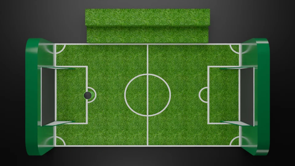 An overhead native view of the marked pitch, opposing goals and stepped bench.