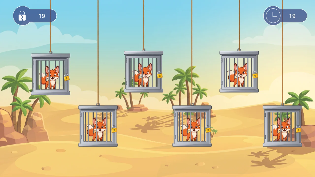 Six foxes in suspended cages across a desert scene, with broken-lock and clock counters in the upper corners.