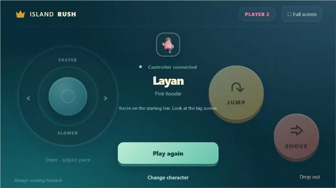 A smaller phone-width preview keeps the character identity, steering, jump, shove and repeat-play controls together.