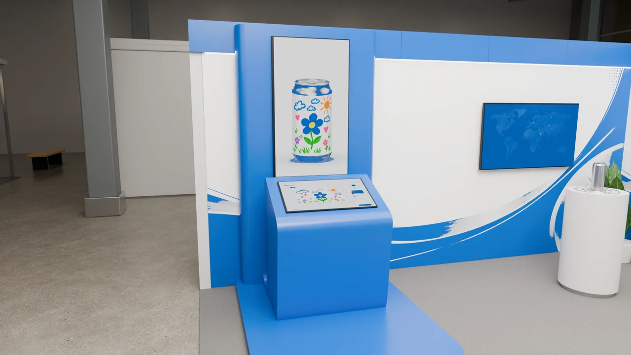 A close view of the blue kiosk brings its curved material response, angled touch display and tall screen into focus.
