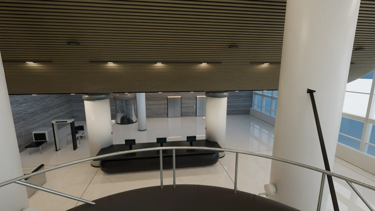 The reception and security-screening area are seen beneath the ceiling slats, with the lift core beyond.