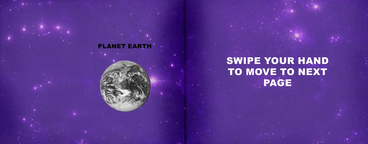 Purple two-panel screen showing Earth on the left and a hand-swipe instruction on the right.