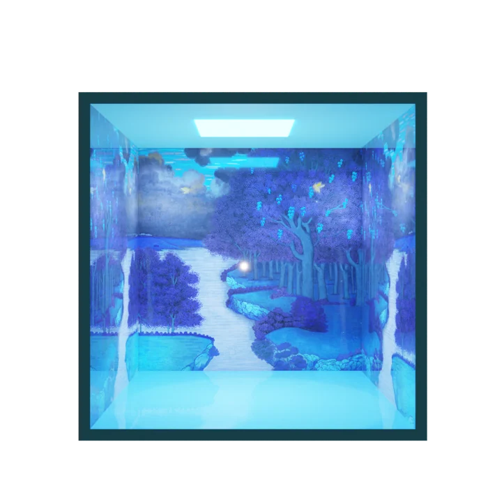 A blue illuminated chamber with forest imagery extending across its interior surfaces.