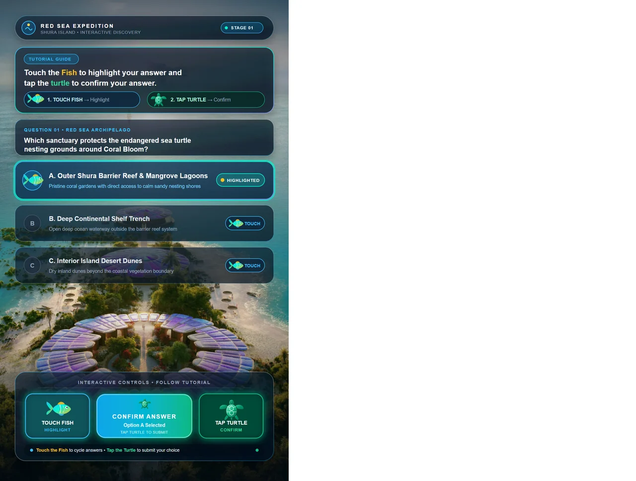 Dark blue marine quiz interface with three answer cards, fish selection controls and a turtle confirmation button.