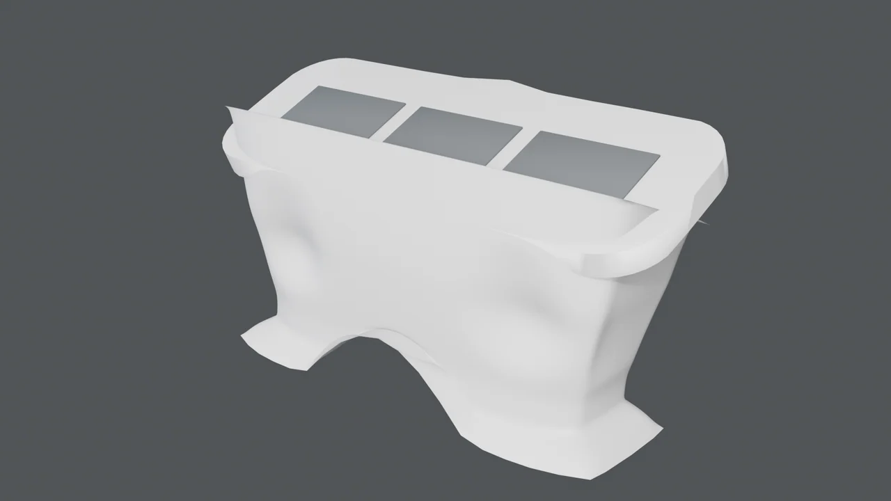 White curved console with three recessed gray screens, shown from above against a gray background.