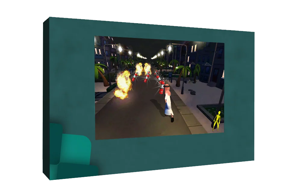 Teal display mockup showing a forward-view running game with a character, flames and fire extinguishers.