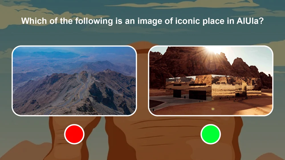 Two landscape photo answers in a desert-themed quiz interface, with red and green answer markers.