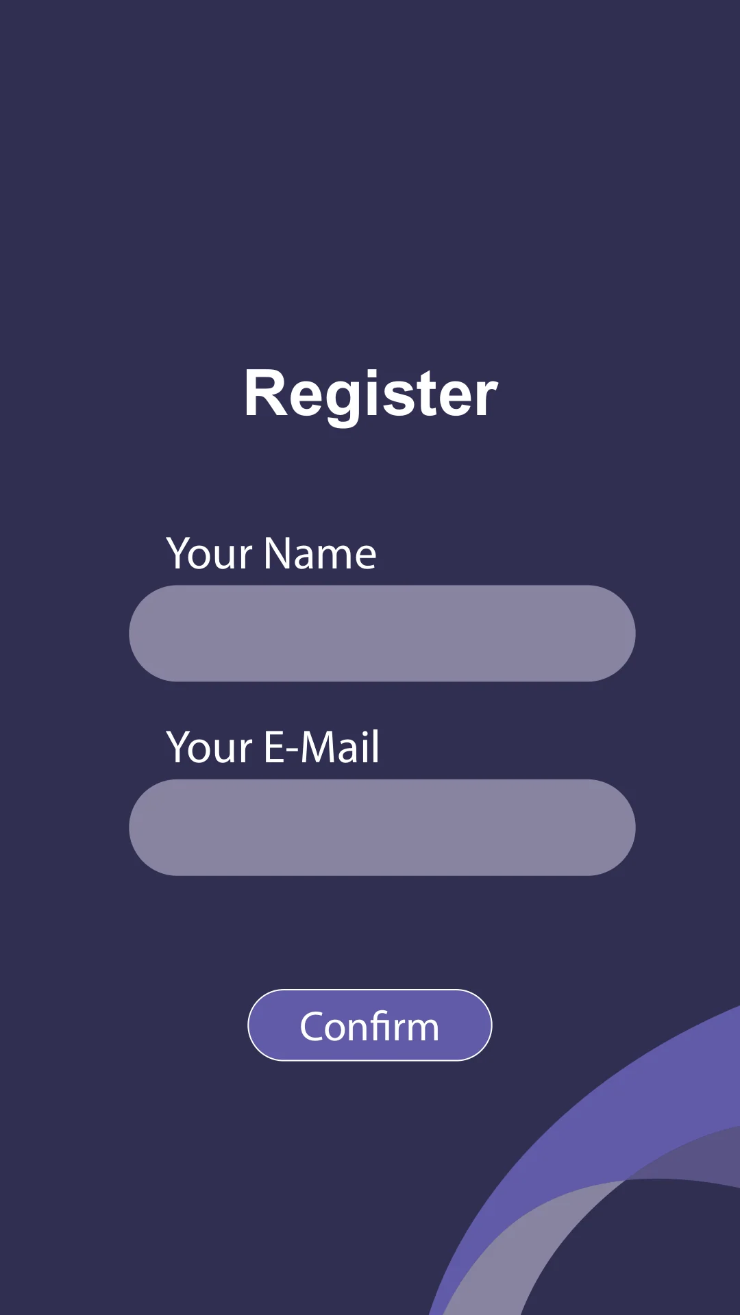 Purple registration design with empty name and email fields and a Confirm button.